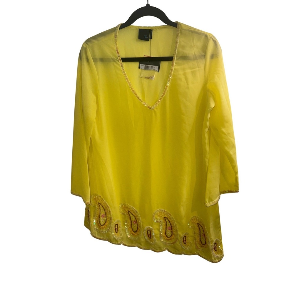 Tco. Yellow Sheer Paisley Sequin Beaded Scalloped Hem Tunic Top Size M Fairy NWT
